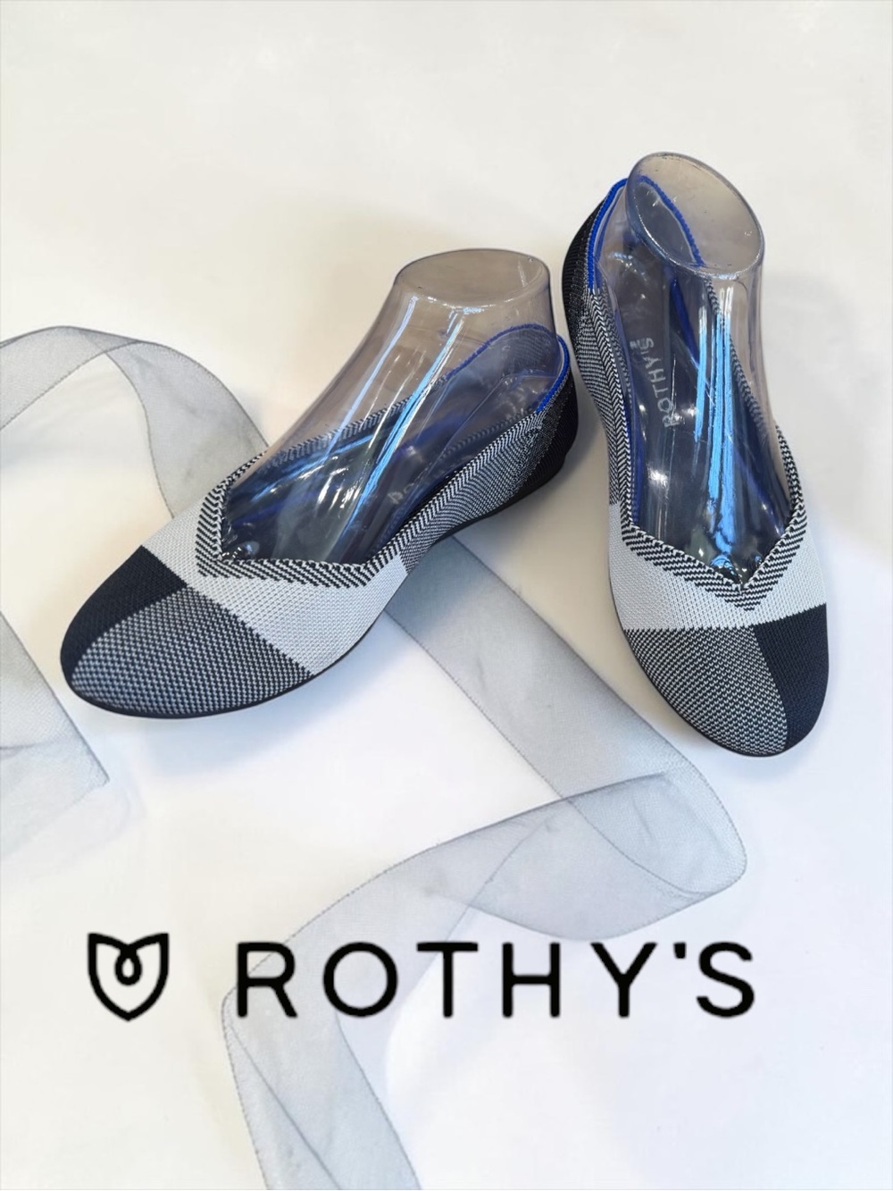 Rothy’s The Flat Captoe Black White Plaid Ballet Flats Size 8 NWOB